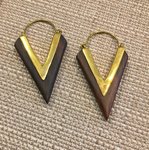 Brass V Wooden Earring