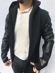 Faux Leather Sleeve Drape Hoodie