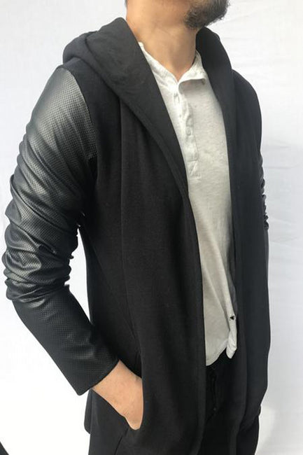 Faux Leather Sleeve Drape Hoodie